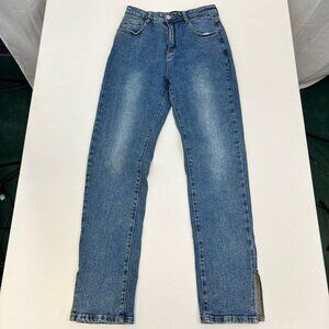 Kittenish Womens Straight Leg Jeans Ankle Slit Blue Stretch Denim Medium